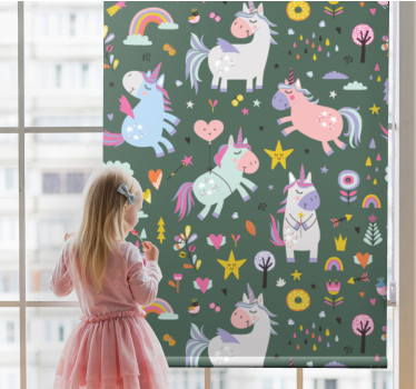Söta enhörningar med träd och moln rullgardin konst - Tenstickers