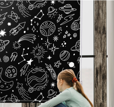 Svartvita kosmiska illustrationer barnRullgardiner - Tenstickers