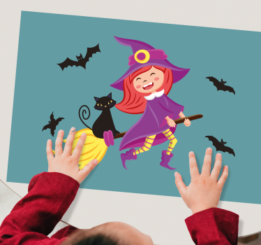 Häxa på flygande kvast med svart katt halloween bordsmattor - Tenstickers