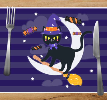 Söt katt på en kvast halloween bordsmattor - Tenstickers