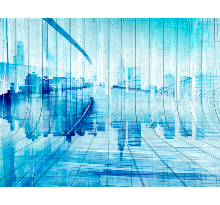 Träeffekt stadshorisont träfototapet - Tenstickers