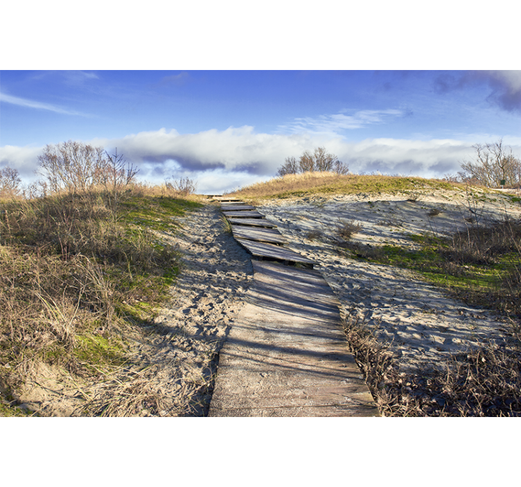 Solig strand med en träväg fototapet - Tenstickers