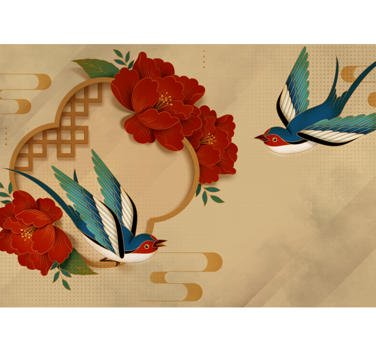 Fåglar och blommor 3d fototapet - Tenstickers