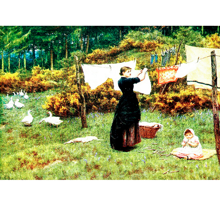 Kvinna som hänger tvätt Fototapeter Klassisk konst - Tenstickers