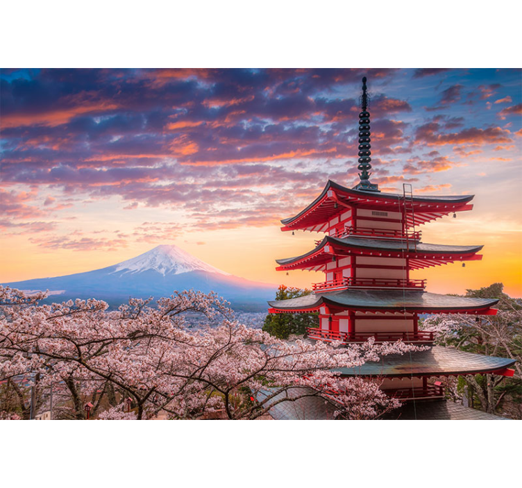 Fuji berg och japanska byggnader fototapeta - Tenstickers