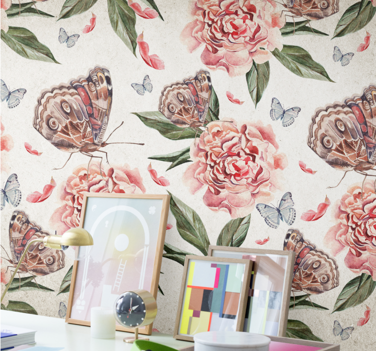 Fototapeter blommor fjärilar och pioner - Tenstickers