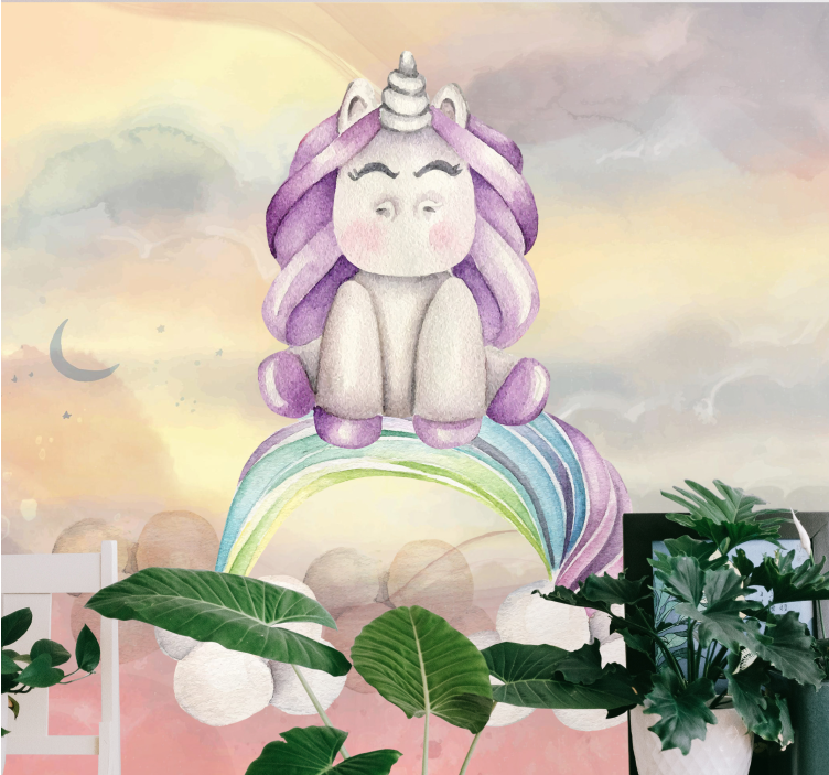 Fototapeter fantasi söt enhörning regnbåge - Tenstickers