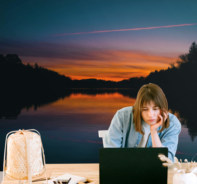 Fototapeter landskap lugn sjösolnedgång - Tenstickers