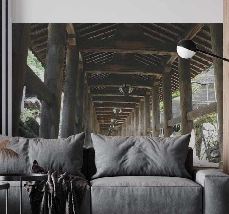 Korridor med träpelare 3d fototapeta - Tenstickers