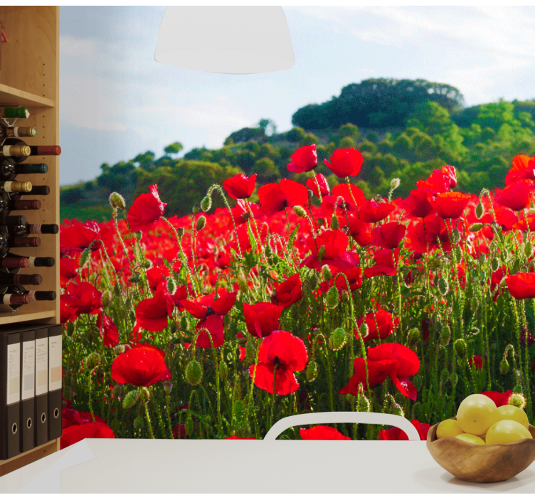 Röd och grön vallmo fält vallmo fototapeta - Tenstickers