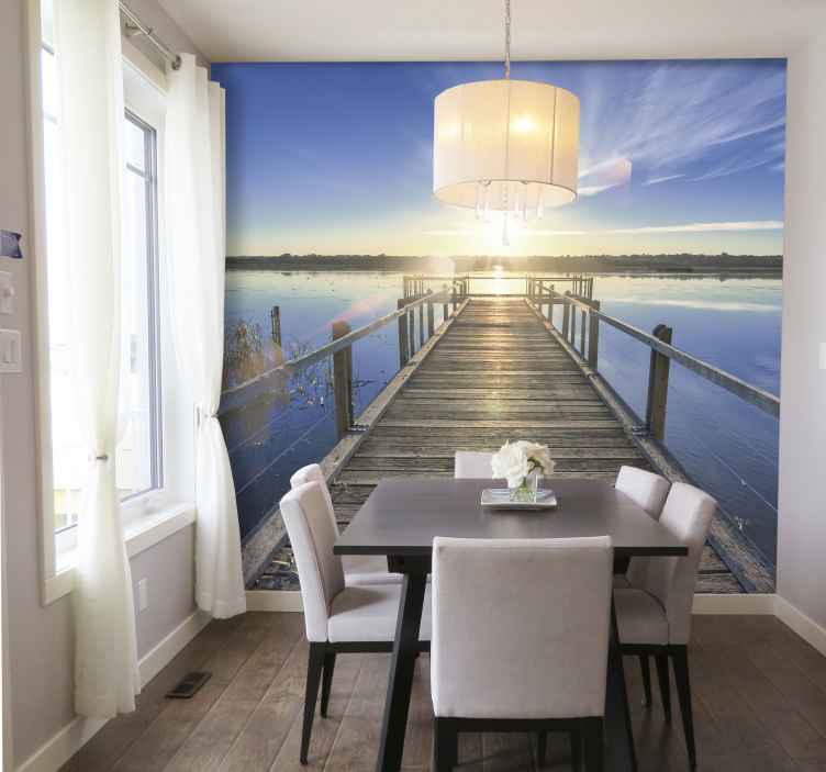 Träbrygga bro solnedgång utsikt 3d fototapet - Tenstickers