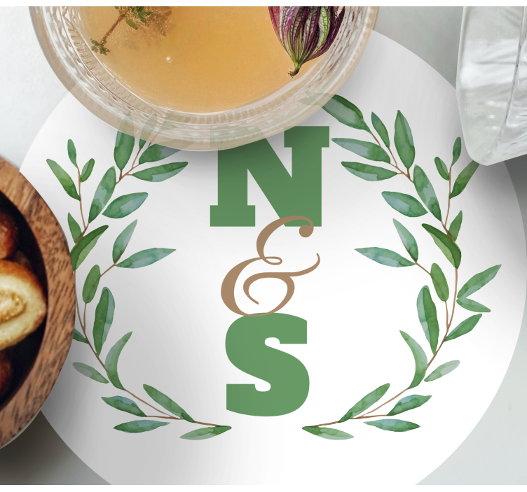 Anpassningsbar glasunderlägg initialer inuti bladkrans - Tenstickers