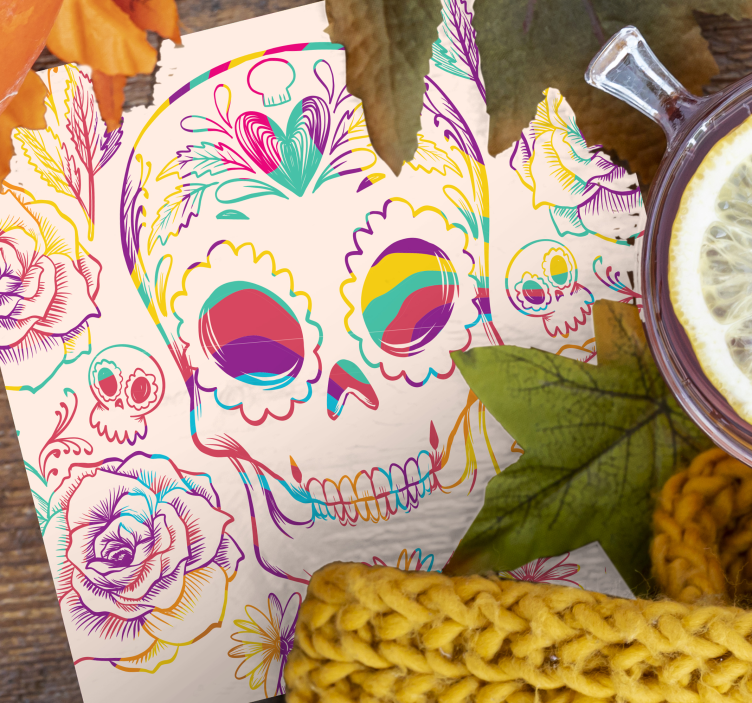 Glasunderlägg halloween färgglad skalle blommor - Tenstickers