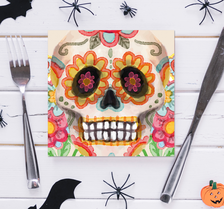 Glasunderlägg halloween färgglad sockerskalle - Tenstickers