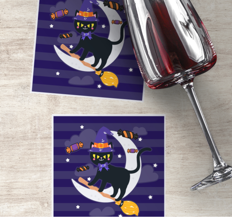 Glasunderlägg halloween katt på kvast - Tenstickers