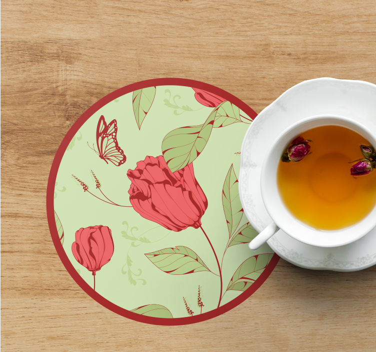 Glasunderlägg modernt blommönster med fjäril - Tenstickers