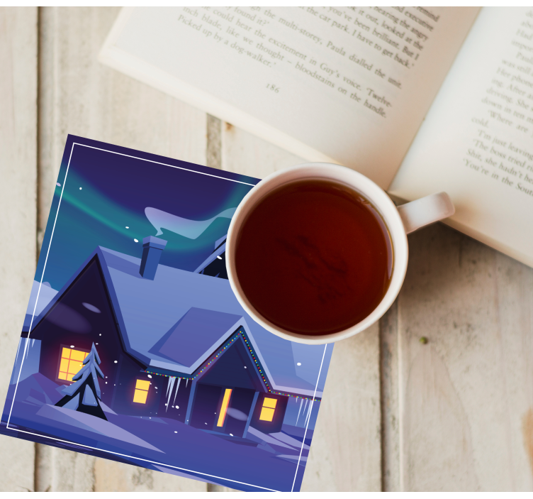 Julunderlägg snöig stuga med ljus - Tenstickers