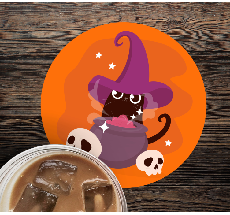 Katt häxa hatt illustration halloween glasunderlägg - Tenstickers