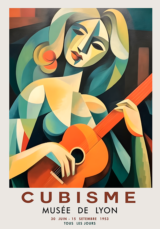 Konst posters kubistisk porträtt av kvinna med gitarr - Tenstickers