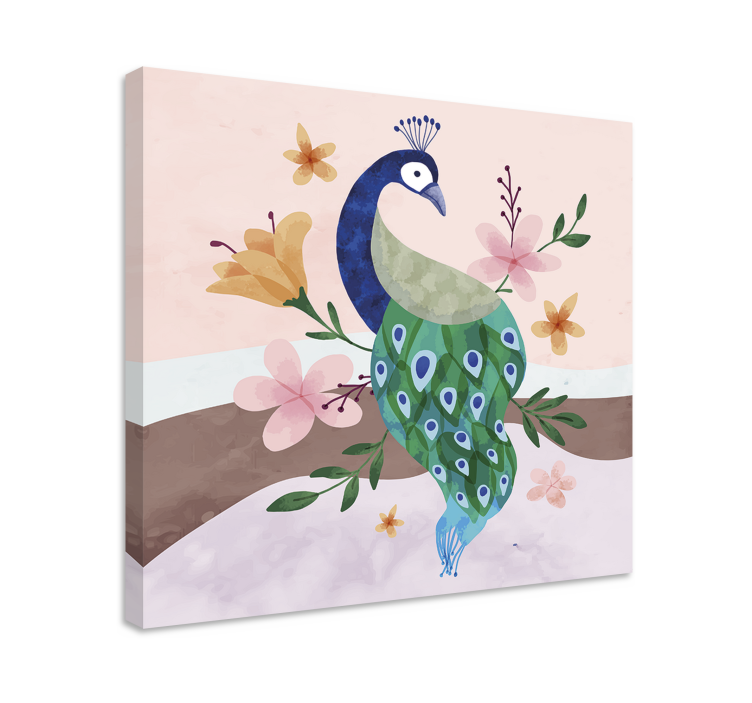 Påfågel med blommor fjädercanvas tavla canvas tavla - Tenstickers