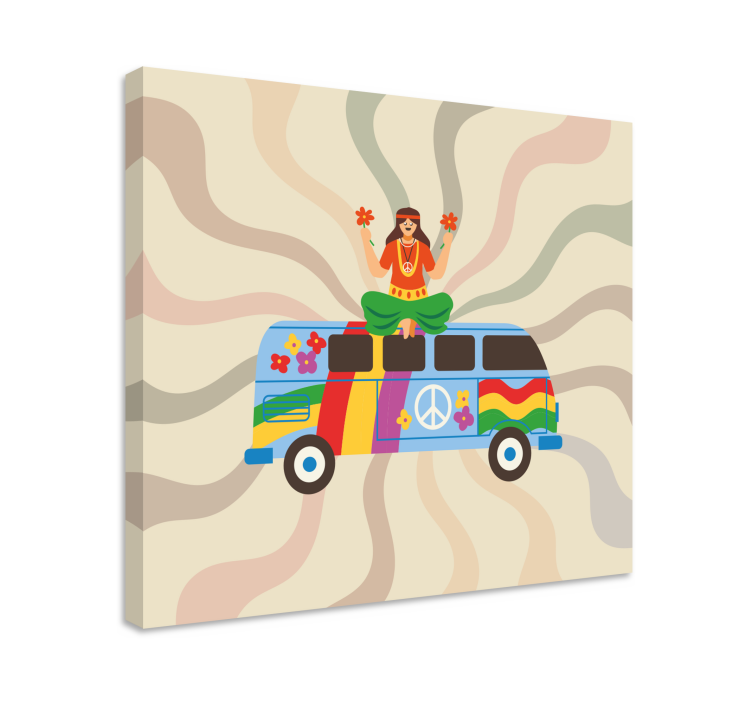 Colorfu hippie flicka med en buss retro canvas - Tenstickers
