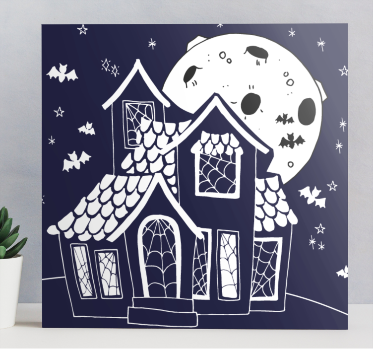 Blått och vitt spökhus modern canvas - Tenstickers