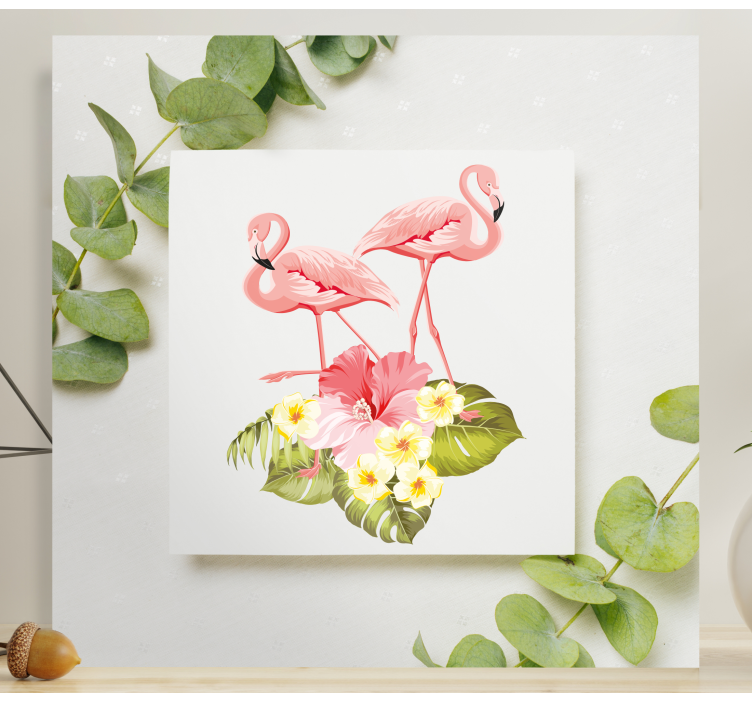 Flamingos och hibiskus Kanvas blommor och växter - Tenstickers