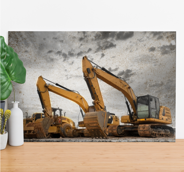 Gul grävmaskin med grå stenar moderncanvas tavla - Tenstickers