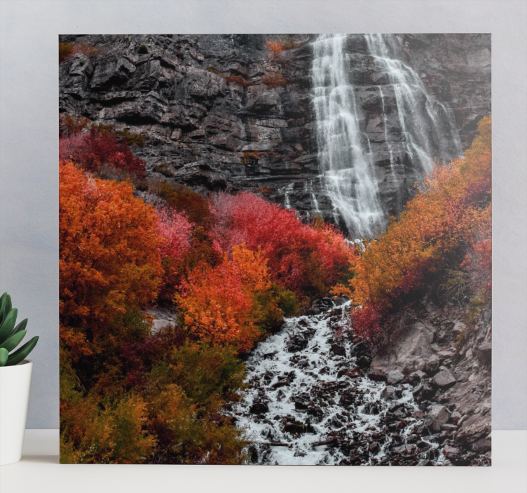 Röd höst vattenfall landskapcanvas tavla - Tenstickers