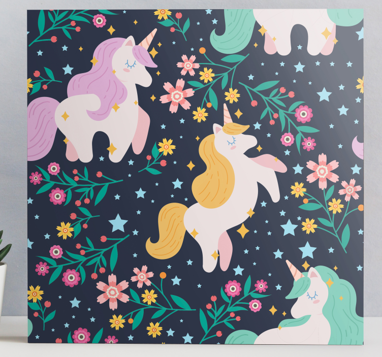 Blommor och stjärnor unicorn väggtryck - Tenstickers