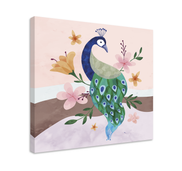 Påfågel med blommor fjädercanvas tavla - Tenstickers
