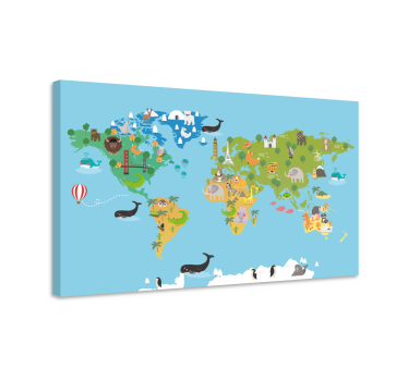 Tecknad djur världskarta konstcanvas tavla - Tenstickers
