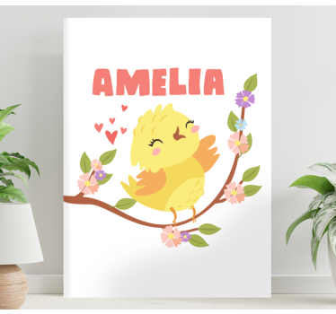 Baby kyckling med namn och blommor fågelcanvas tavla canvas tavla - Tenstickers