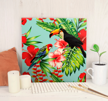 Kanvas djur tropiska fåglar blommor - Tenstickers