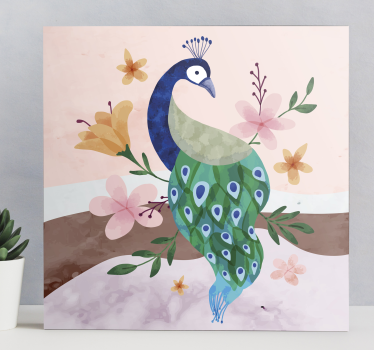 Påfågel med blommor fjädercanvas tavla - Tenstickers