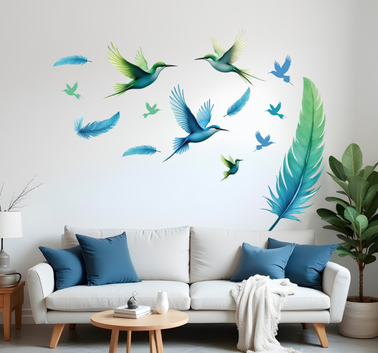 Blå fjädrar med fåglar wallsticker - Tenstickers