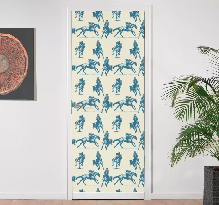 Blå och beige hästmönster dörrdekal - Tenstickers