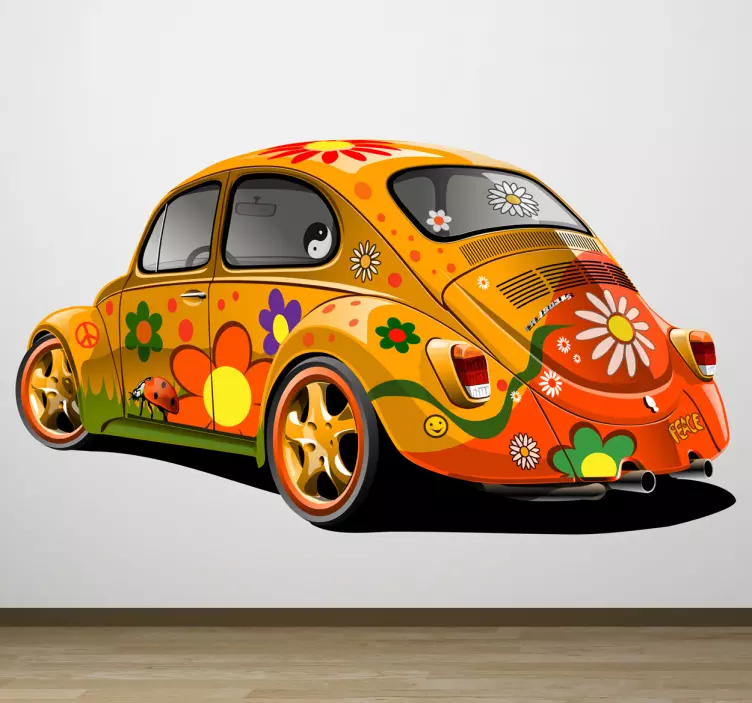 Blommigt desig hippie beetle bil klistermärke - Tenstickers