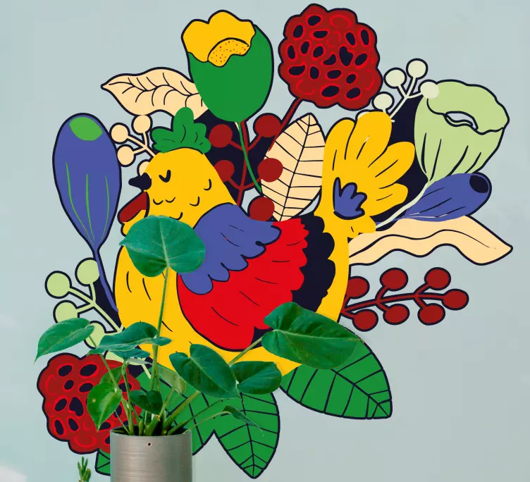 Fågelklistermärke färgglad fågel med blommor - Tenstickers