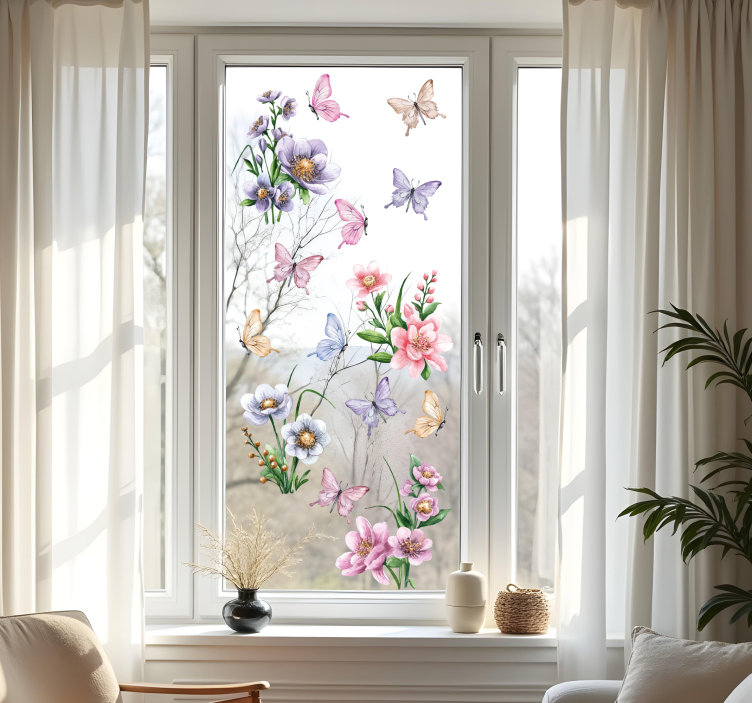 Färgglada blommor och fjärilar fönster klistermärke - Tenstickers