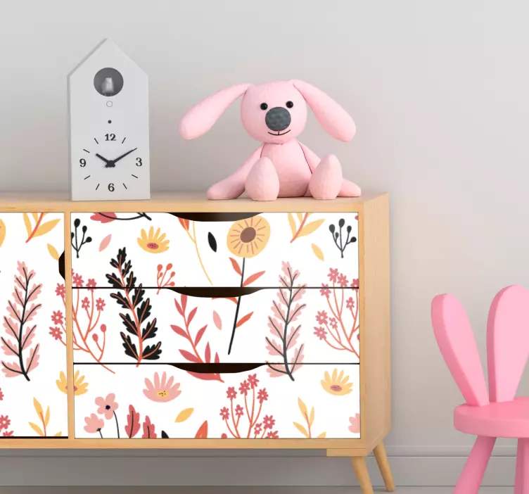 Färgglada blommor över en vit möbeldekal - Tenstickers