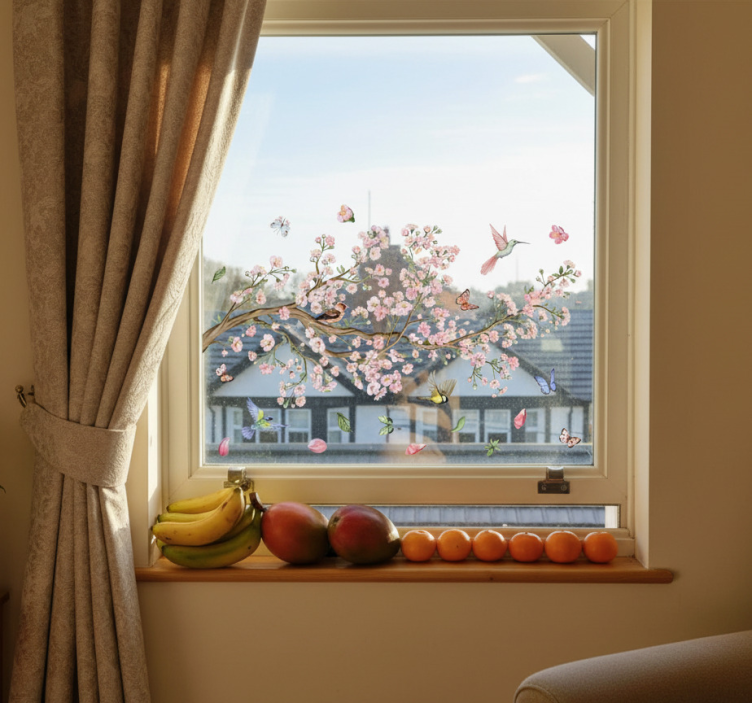 Fönster klistermärke körsbärsblommor med fåglar - Tenstickers