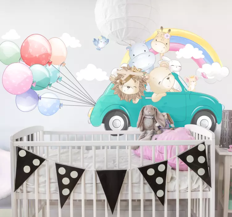 Glad färgglad bil med djur vinylklistermärke - Tenstickers