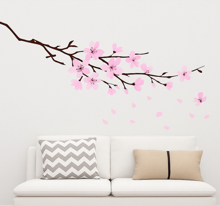 Gren med rosa blommor vardagsrummet väggklistermärke - Tenstickers