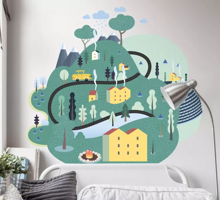 Gröna berg med hus klistermärke - Tenstickers