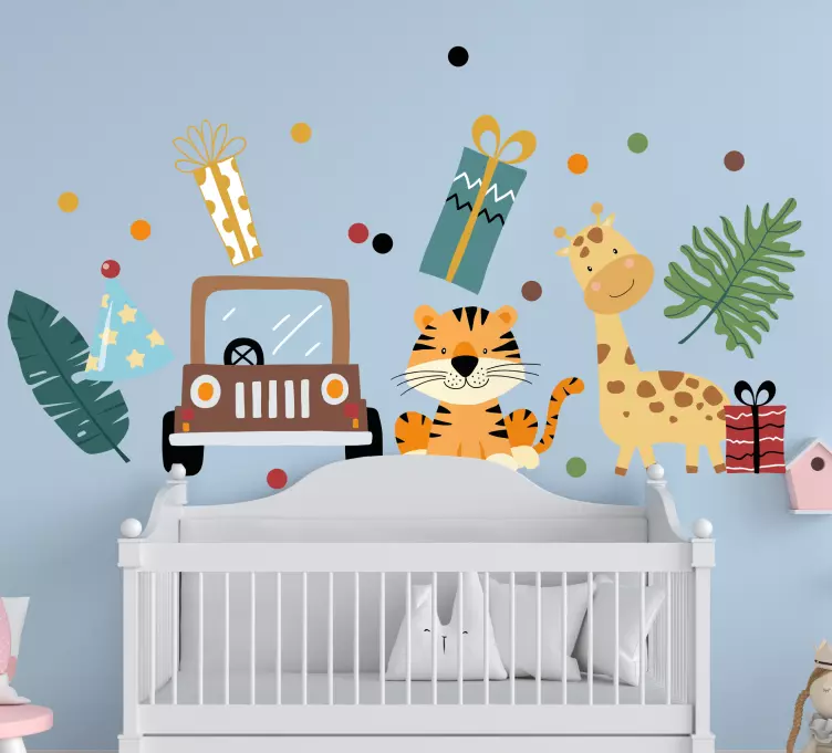 Safari djur med bil och presenter plantskola dekal - Tenstickers