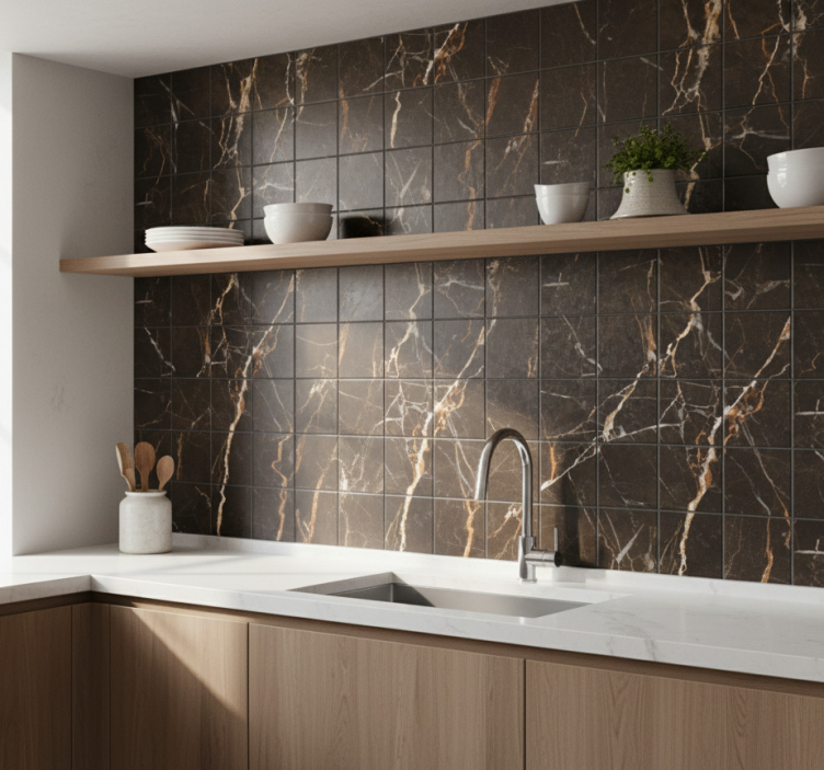 Kakel klistermärke svart och guld marmor - Tenstickers