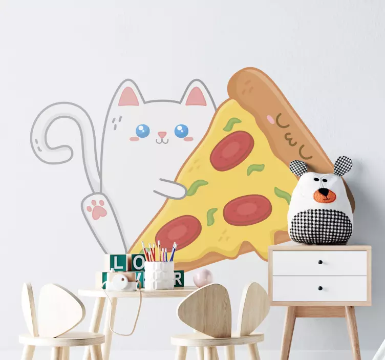 Kawaii katt med pizza klistermärke - Tenstickers