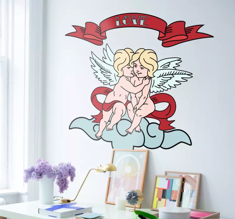 Keruber som omfamnar varandra kärlek klistermärke - Tenstickers