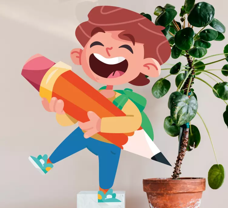 Klistermärke för barn glad pojke med penna - Tenstickers